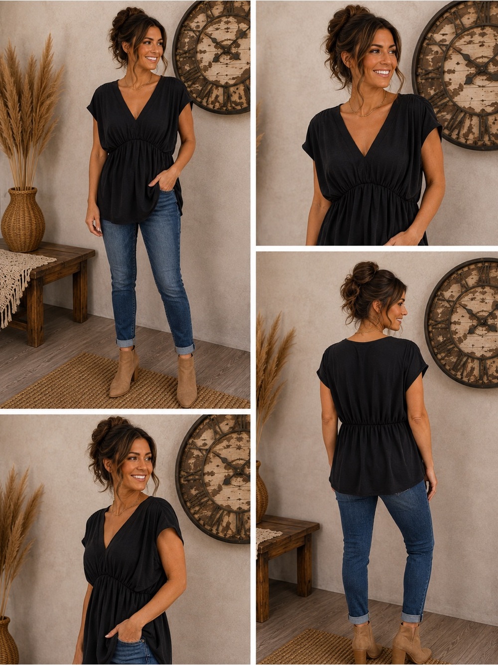 New Wrinkle Free Relaxed V-Neck Gathered Waist Tunic Top - Black - Picture 1 of 1